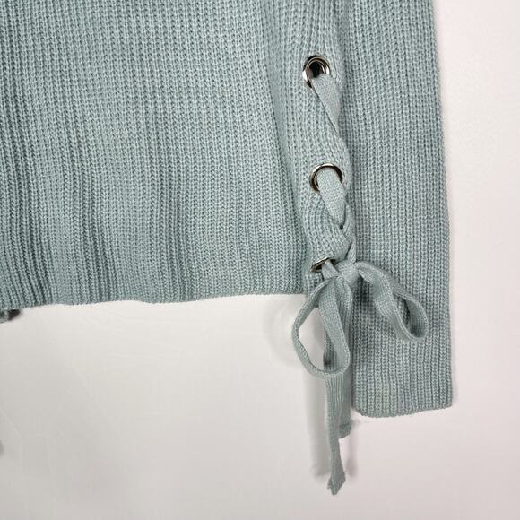 She + Sky Small S Teal Green Side Tie Lace Up Pullover Sweater Scoop Neck Cozy - Picture 3 of 9